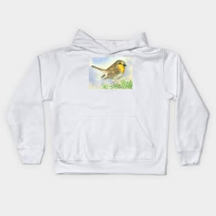 Robin bird on a frosted juniper branch Kids Hoodie